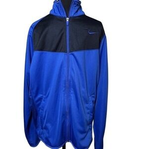 Nike Track Jacket Mens M Blue Black Full Zip Mock Neck Mesh Panel Swoosh Striped